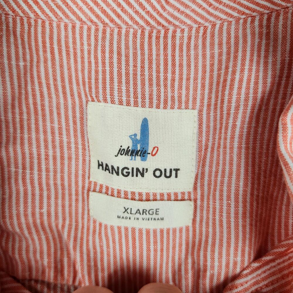 Johnnie O Hangin Out Shirt Mens XL Orange White Linen Blend Stripe Surfer Logo
